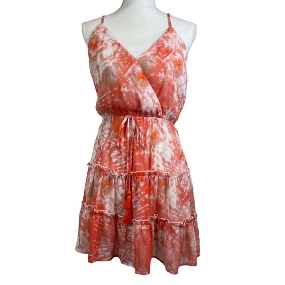 BTFL-Life Gauzy Coral Floral Tiered Mini Dress Adjustable Strap Faux Tie Small